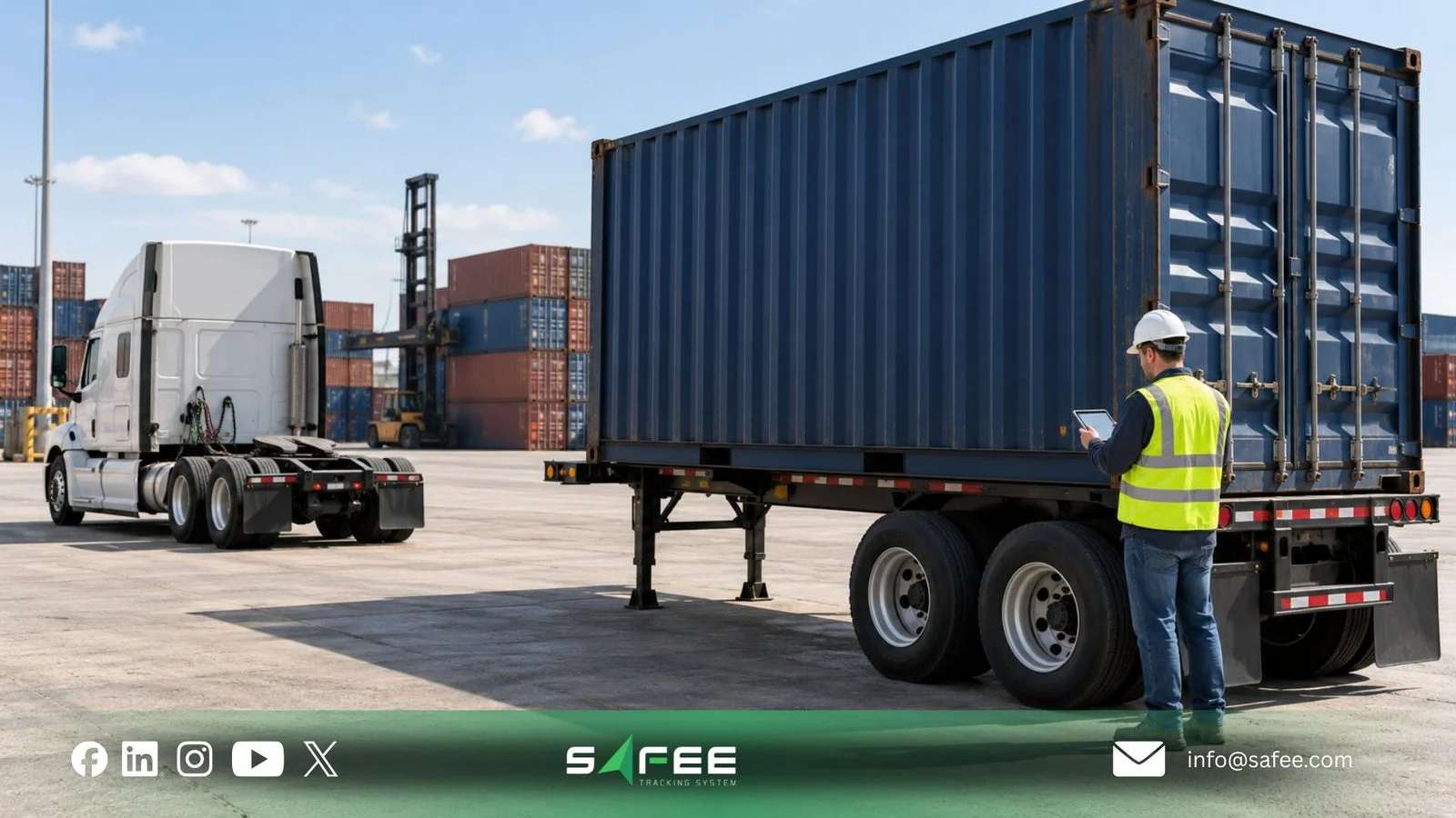 Worker inspecting a container on a trailer at a terminal