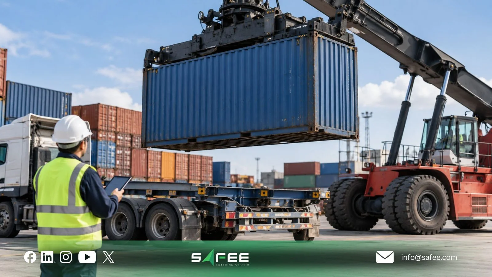 Reach stacker lifting a container while a worker records the handoff