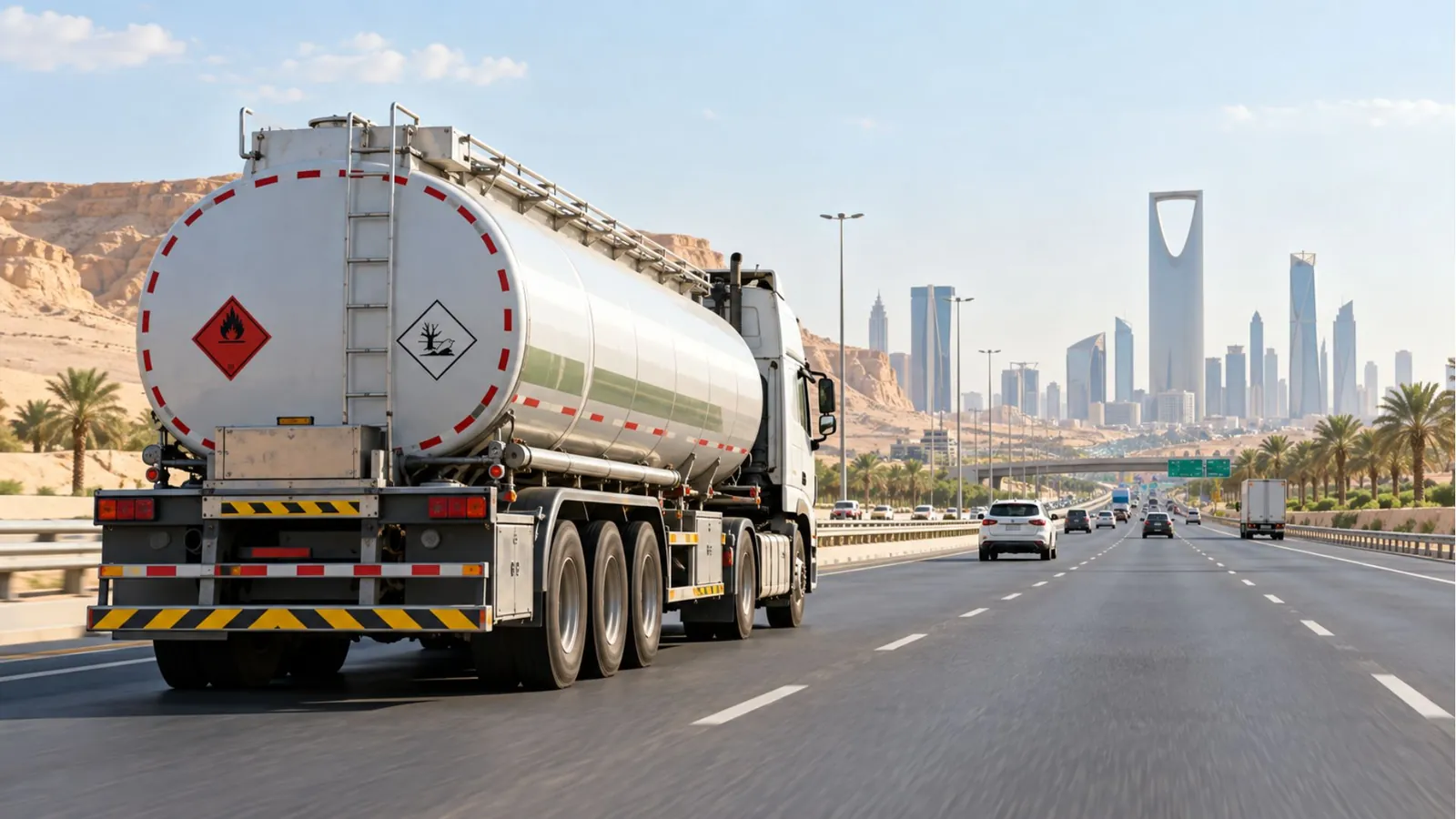 Dangerous goods tanker with hazard placards on a highway near Riyadh