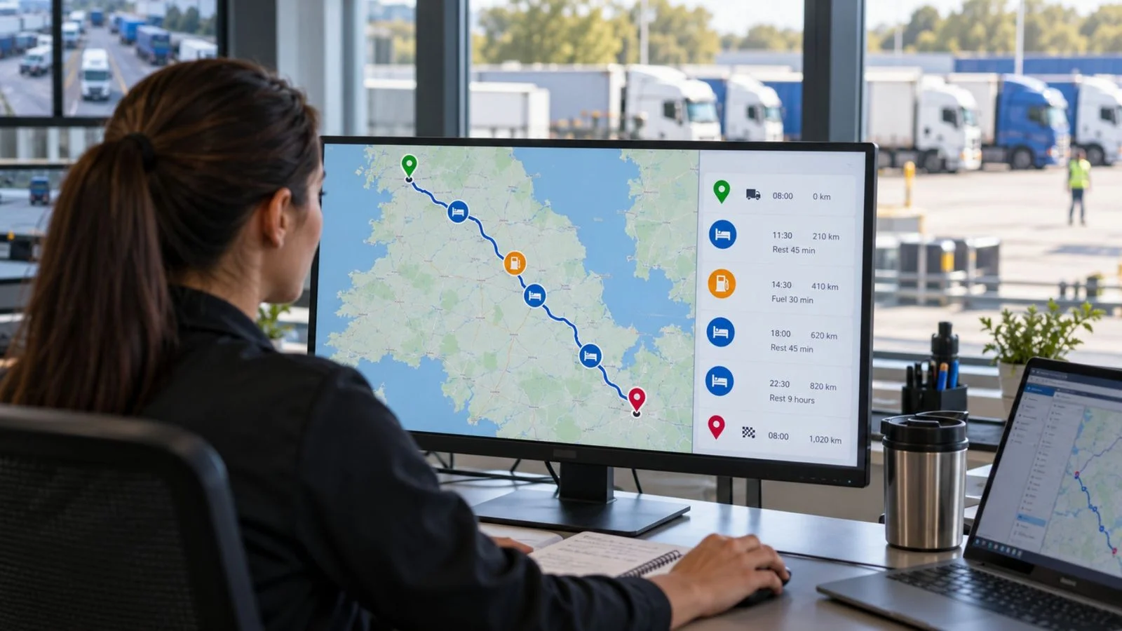 Dispatcher reviewing a planned route with rest stops