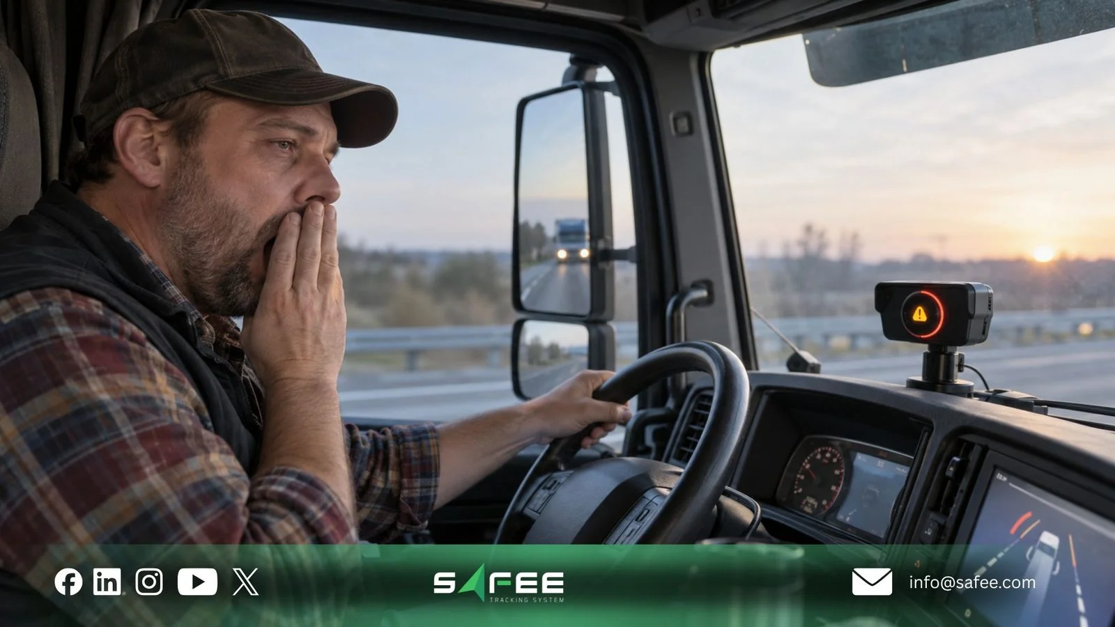 Tired truck driver yawning at the wheel with an in-cab camera