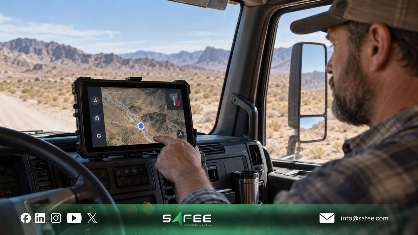 Driver using an in-cab tablet on a mountain road