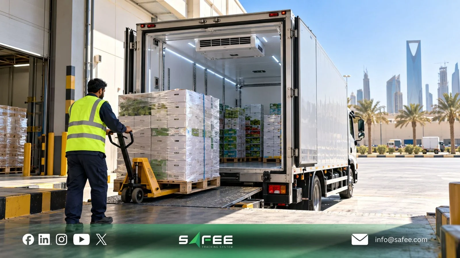 Worker loading pallets into a refrigerated truck at a Riyadh warehouse