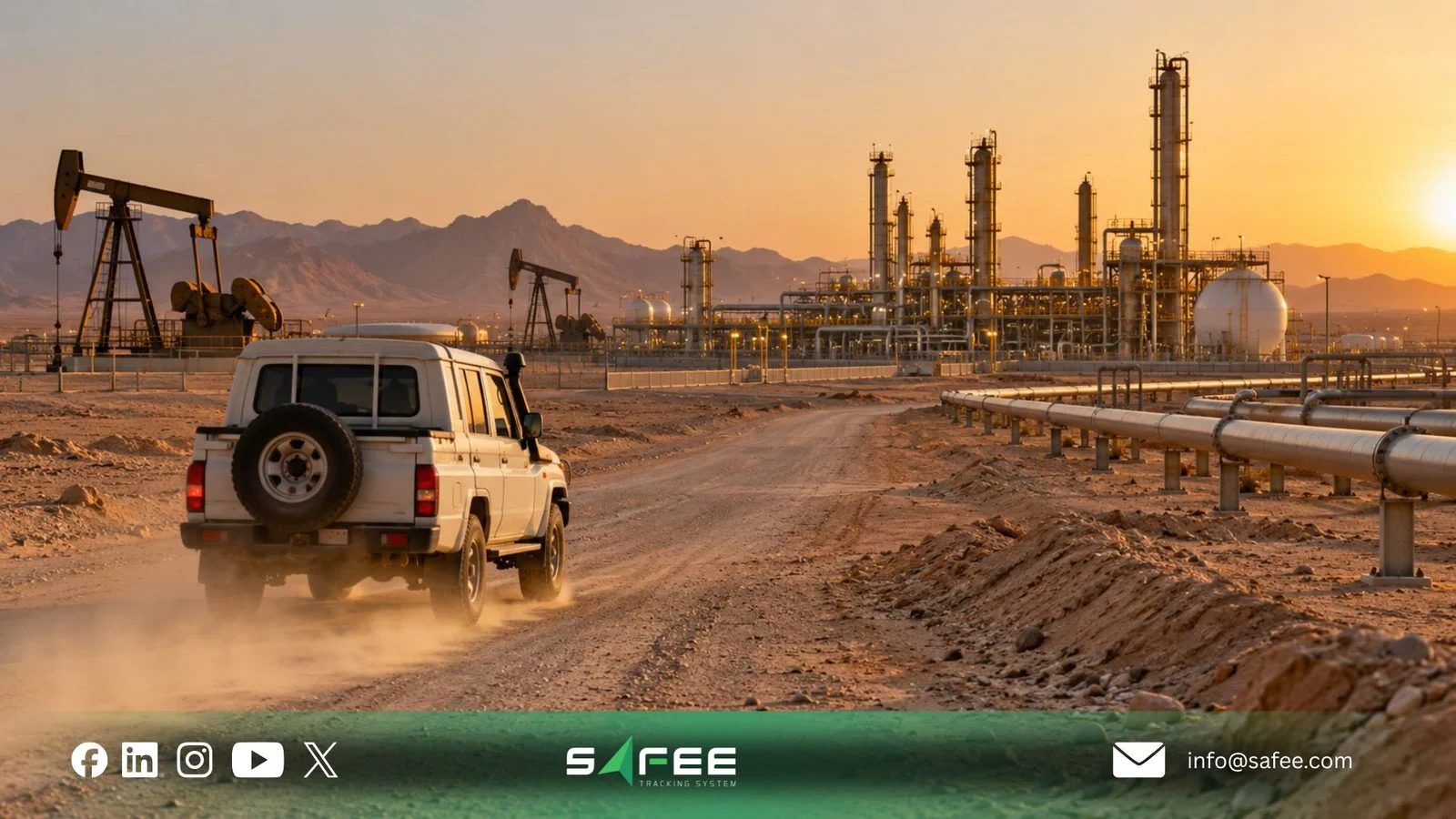 Field vehicle driving on a desert track toward an oil and gas facility