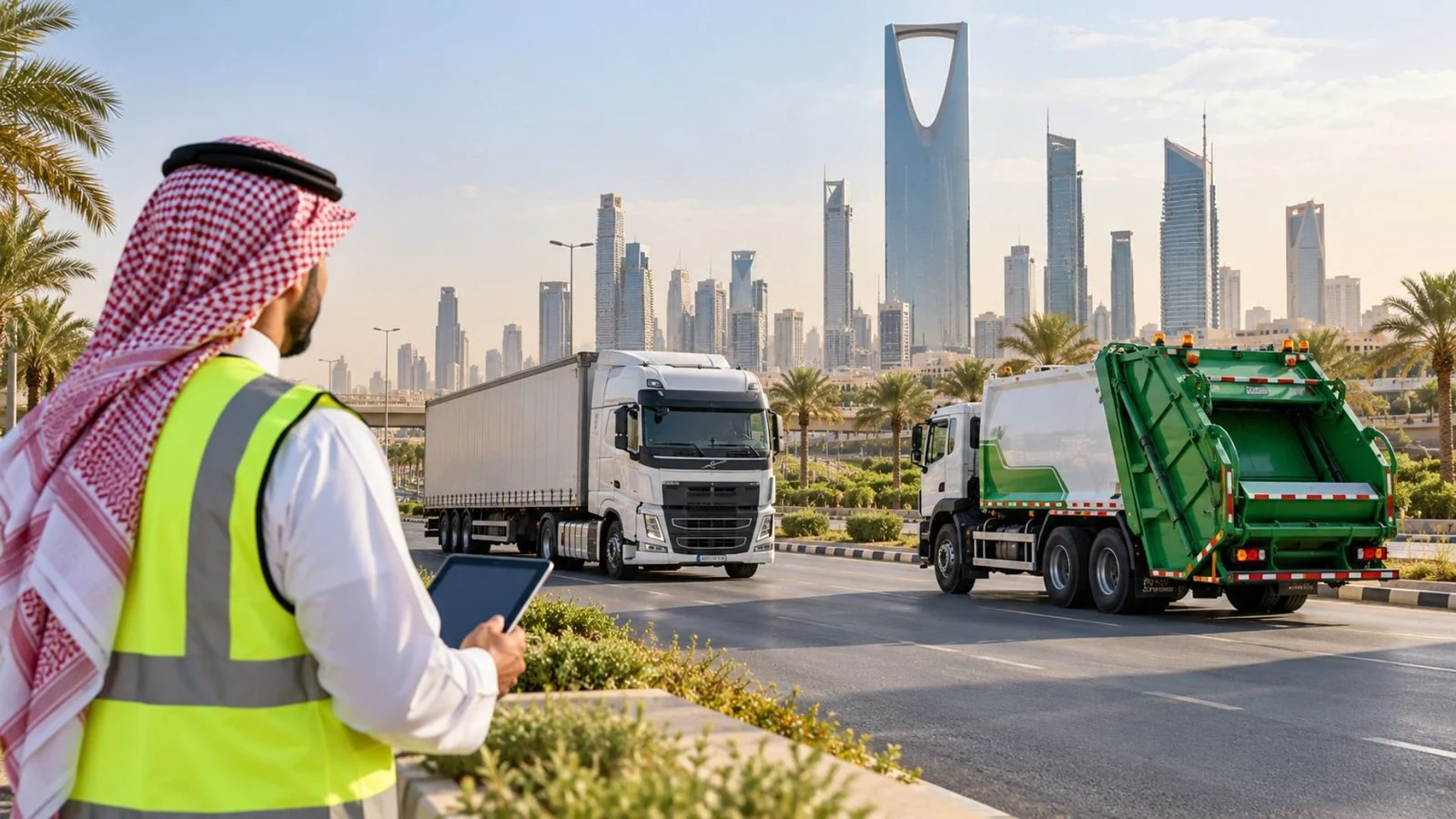 Fleet supervisor with a tablet checking waste and transport trucks in Saudi Arabia