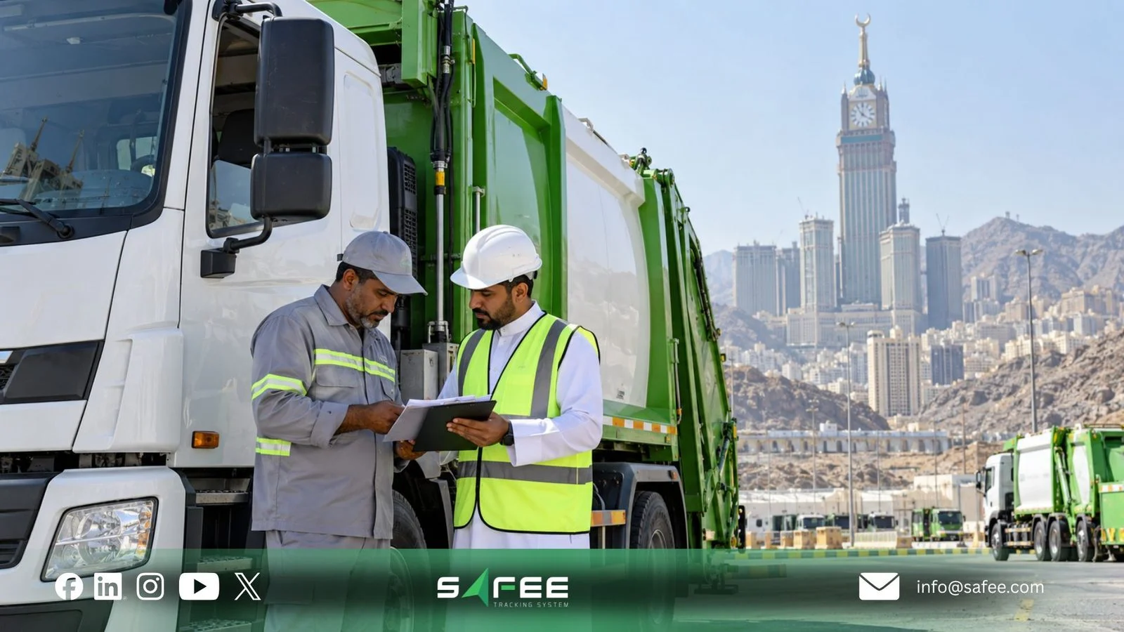 فريق تشغيل يراجع بيانات التتبع بجانب شاحنة نفايات