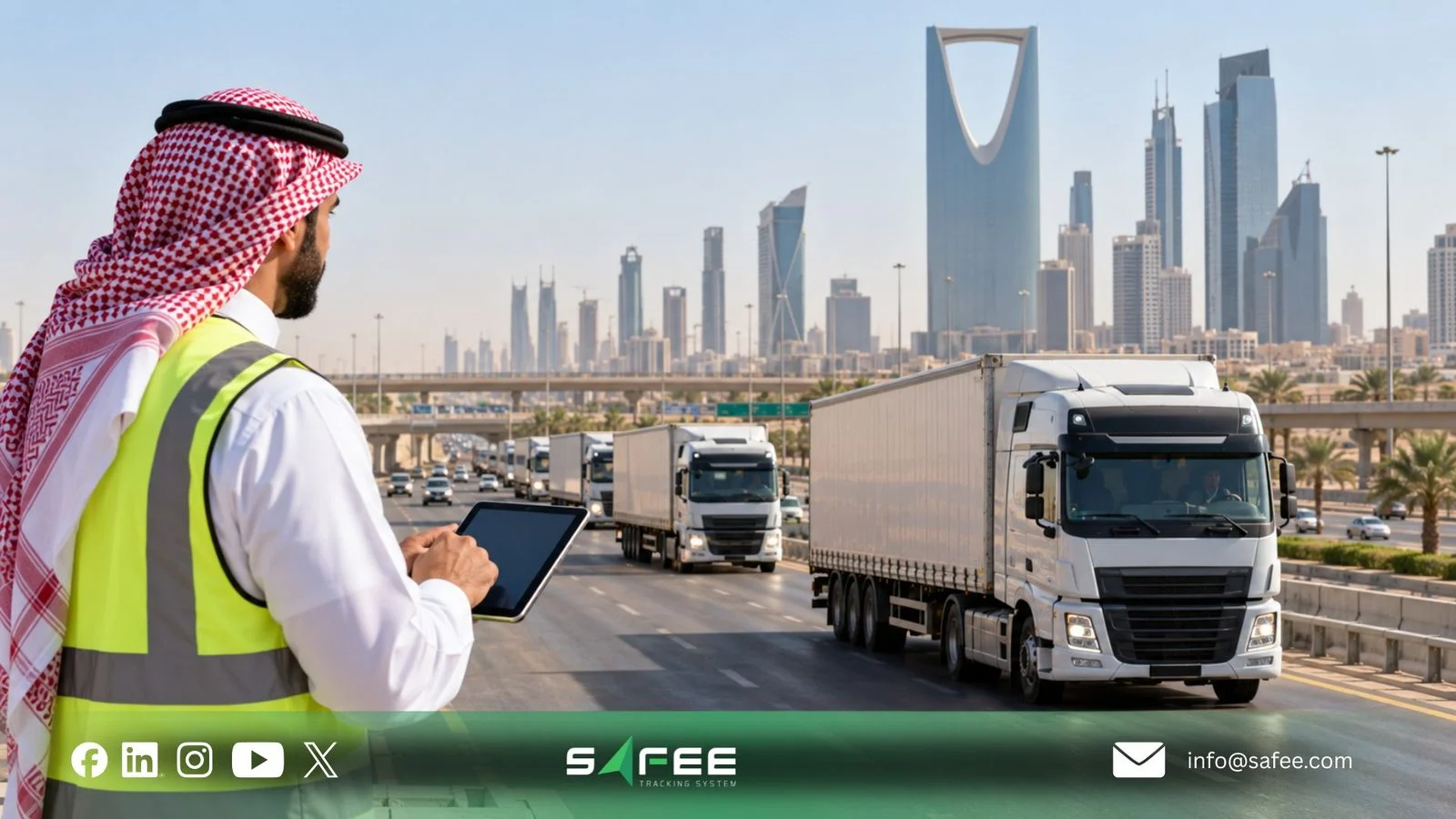 مشرف نقل يراقب الشاحنات على طريق سريع في السعودية