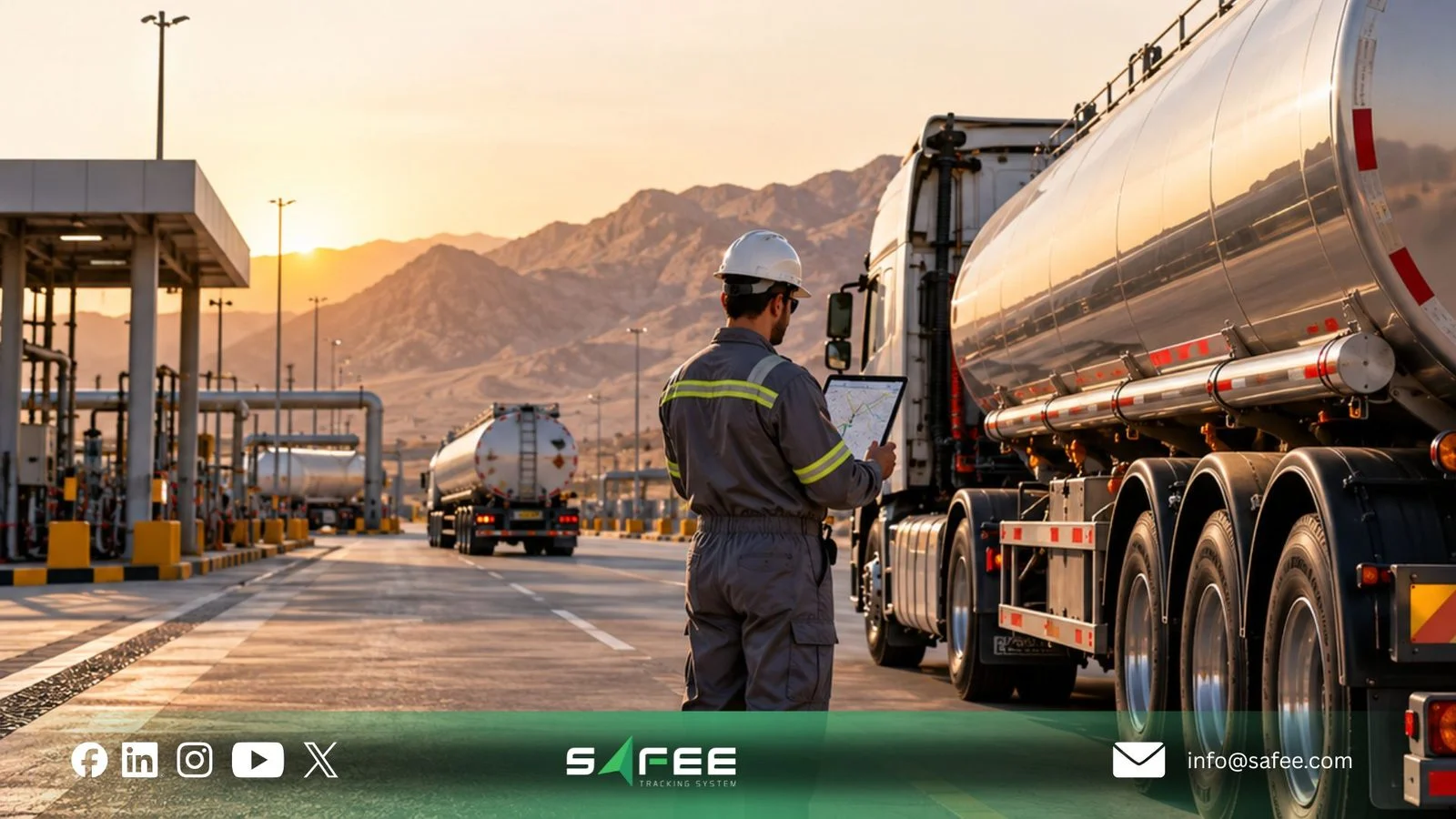 Tanker Fleet Management: Plan Trips, Review Loads & Manage Risk 2 Tanker at a loading gate while a worker checks journey readiness