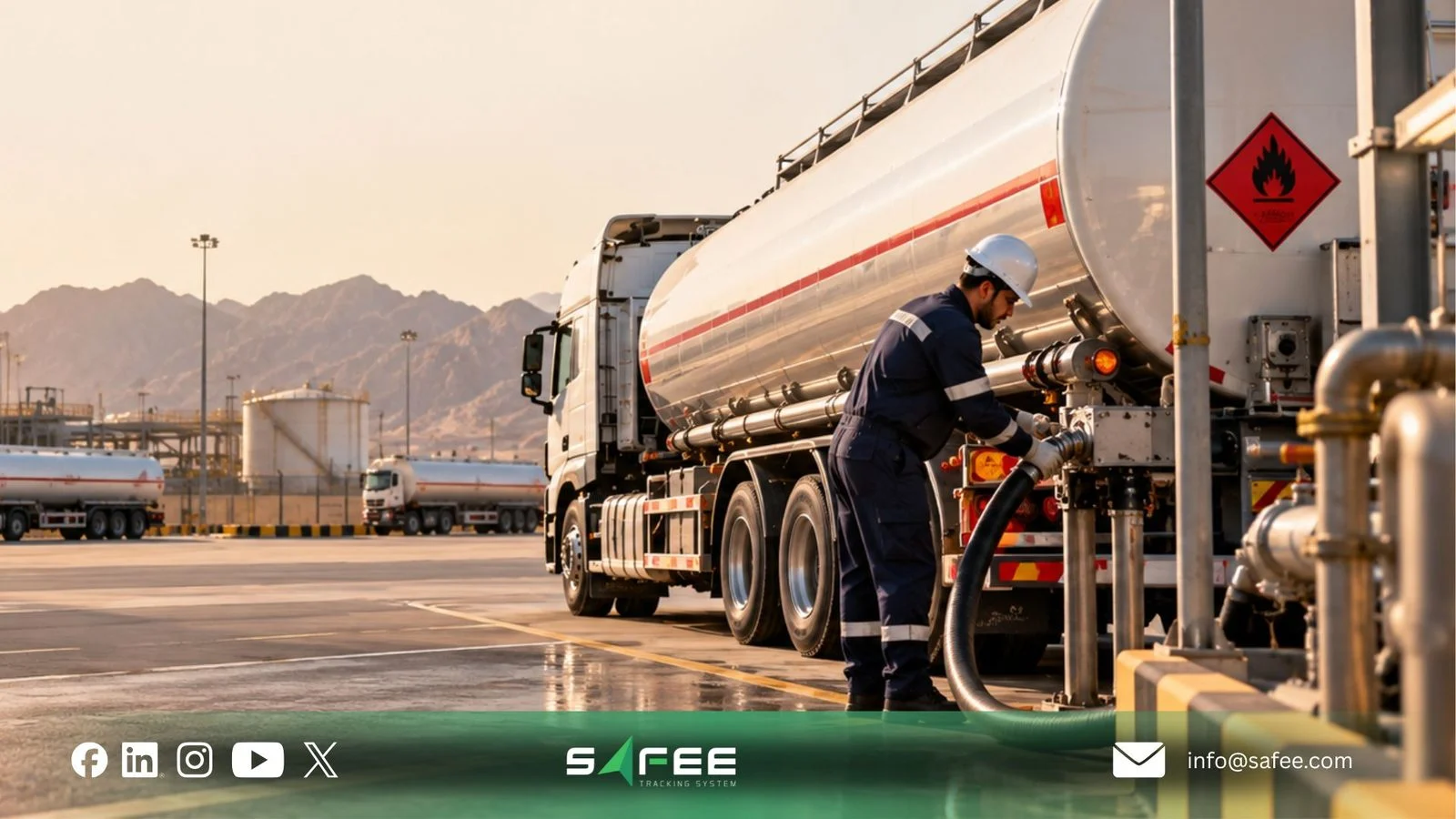 Tanker Fleet Management: Plan Trips, Review Loads & Manage Risk 4 Worker connecting a hose to a tanker marked with a hazard sign