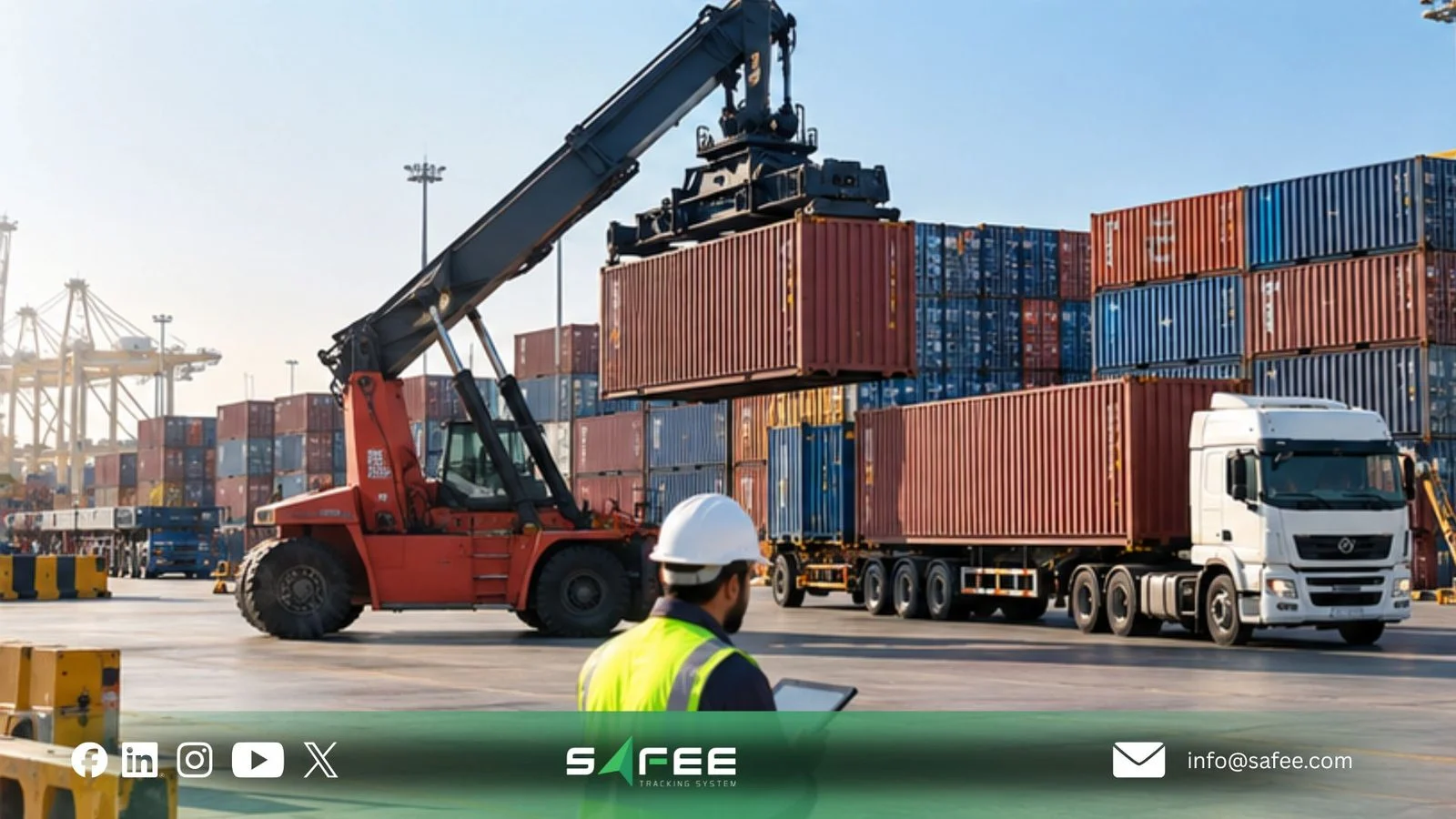 Port Fleet Management in the UAE: Truck Delays, Yard Dwell & Delivery 3 Reach stacker loading a container onto a truck in the port yard